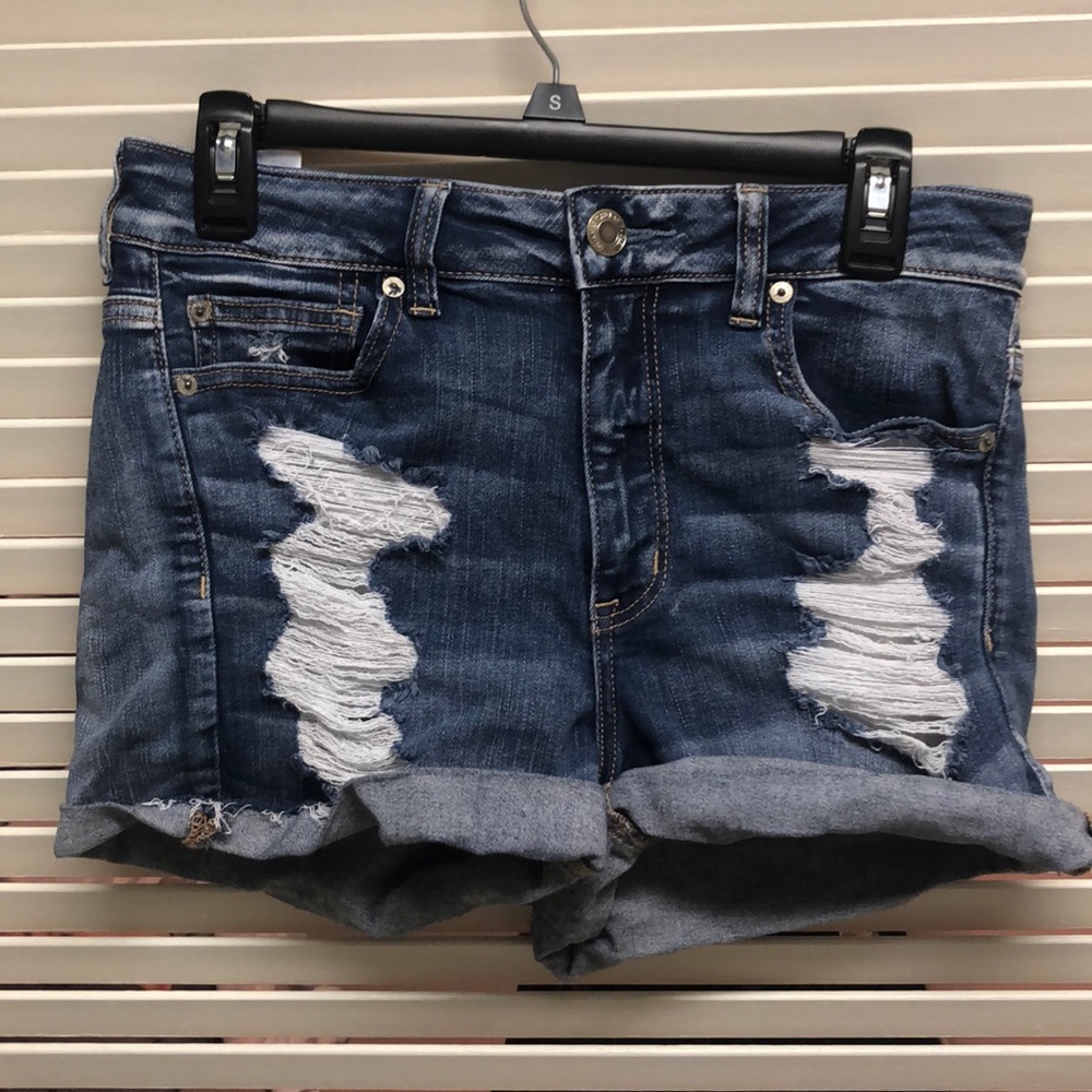 Distressed dark wash shorts